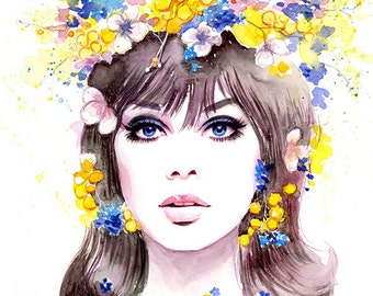 Watercolor Fashion Illustration - 60s Fashion Model Jean Shrimpton in Flower Wreath