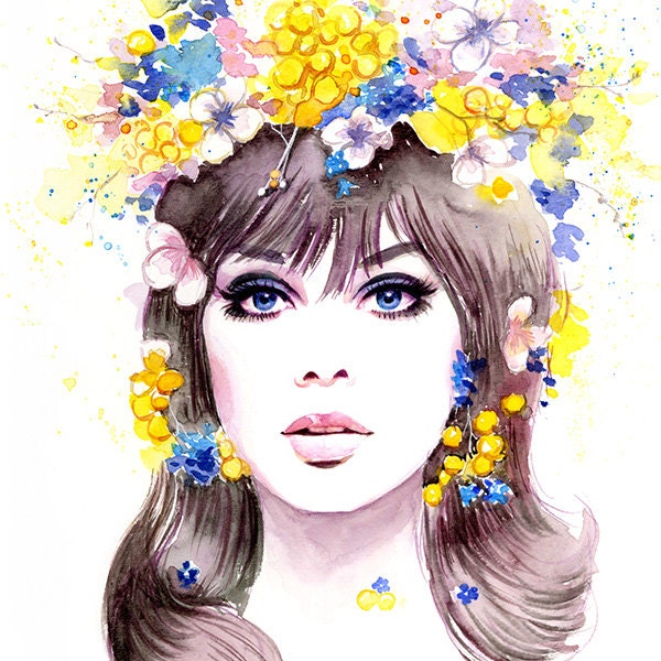 Aquarell Mode Illustration - 60er Jahre Model Jean Shrimpton im Blumenkranz