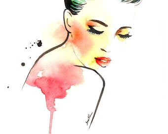 Fashion illustration art print - Woman looking down, eyes closed