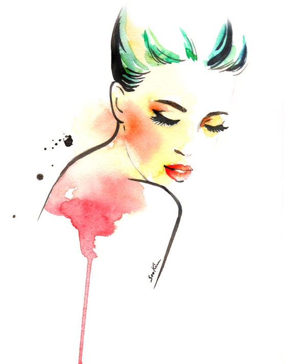 Fashion Illustration Art Print Woman Looking Down Eyes Closed