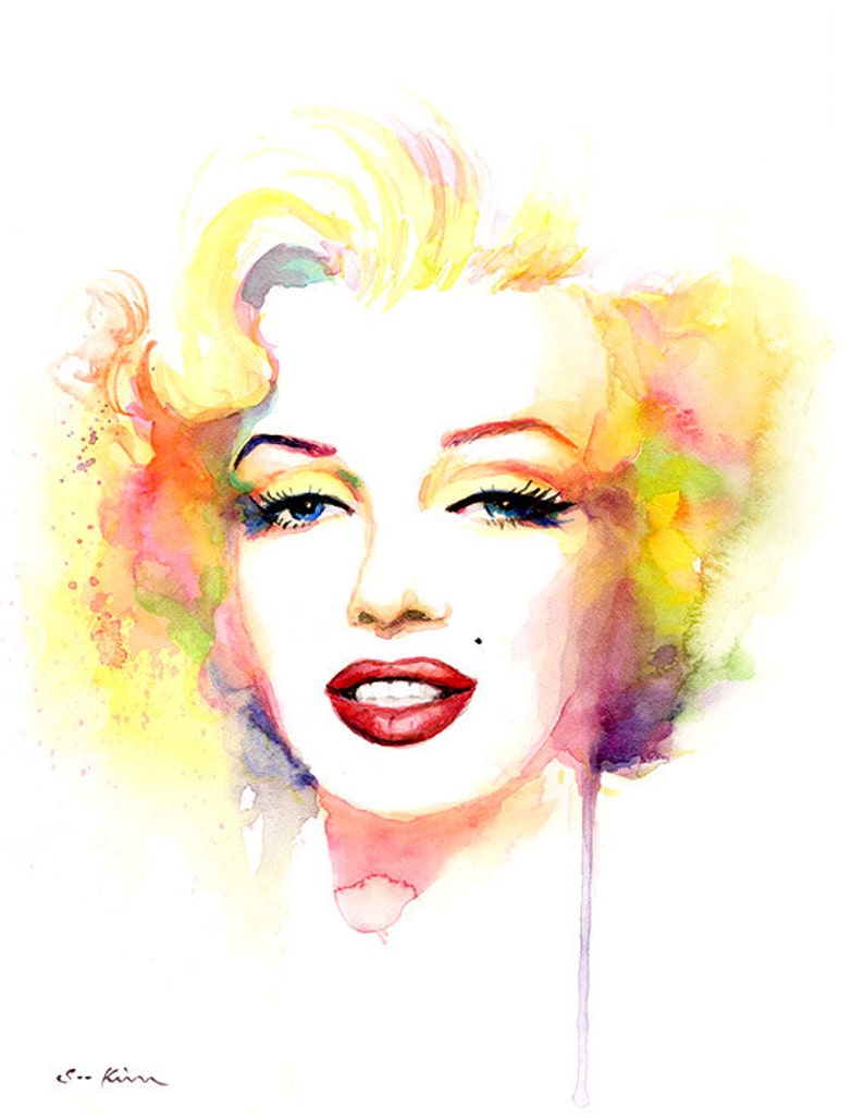 Marilyn Monroe Watercolor Painting Print Yellow Pink image 1