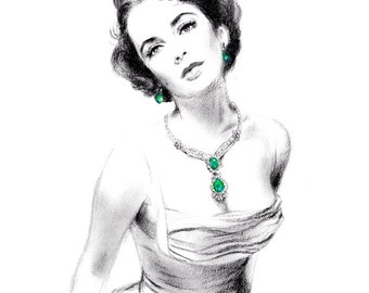 Charcoal Pencil drawing - Elizabeth Taylor Wearing Emerald Jewels