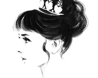 Audrey Hepburn Profile - Black and White Ink Watercolor Print