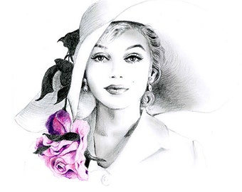 Pencil Drawing - Black and White - Marilyn Monroe with Hat and Rose