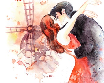 Epic Movie Kiss - Romantic couple, Paris, Windmill - Red watercolor print