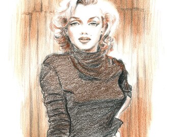 Marilyn Monroe Conte Pencil Drawing  - Brown Sepia Vintage