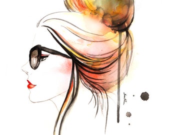 Fashion illustration art print - Smart Girl Profile with Eyeglasses, Updo Hair High Bun