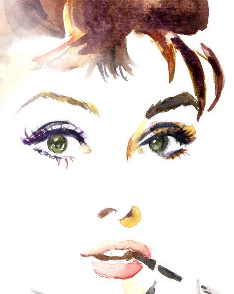 Audrey Hepburn Breakfast at Tiffanys Watercolor Portrait Painting image 2