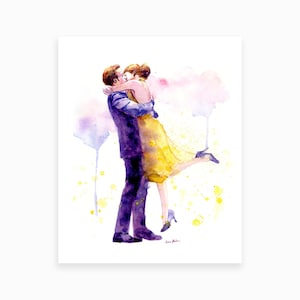 Watercolor print, wall art - Romantic Couple Kissing - Ryan Gossling Emma Stone