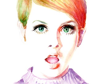 Watercolor Print - Fashion Illustration - Twiggy - Cool Girl with big eyes, long eyelashes, short hair