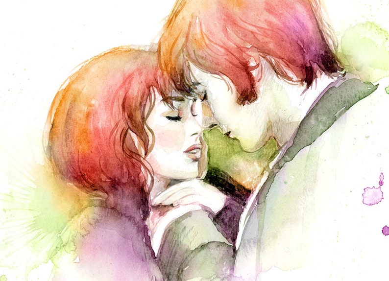 Watercolor painting Couple in Love Pride and Prejudice Movie poster inspired image 2
