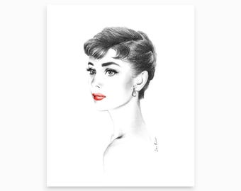 Audrey Hepburn Print, Minimalism Black and White Print - Sabrina Portrait with Red Lips