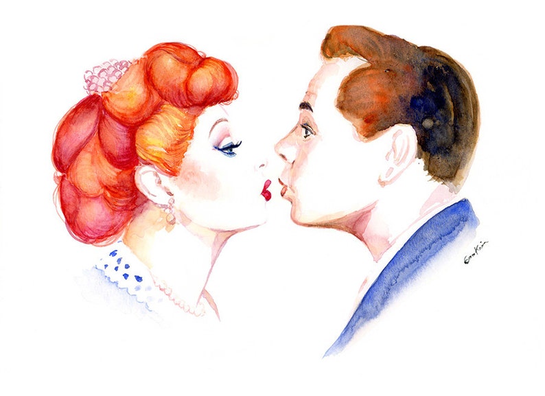 Watercolor Illustration Painting Print Love Lucy Kissing Couple Red Hair Retro 50s image 1