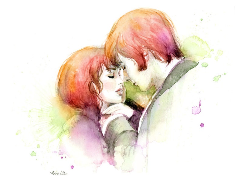 Watercolor painting Couple in Love Pride and Prejudice Movie poster inspired image 1