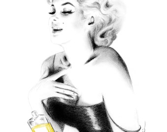 Marilyn Monroe Holding Perfume Drawing Art Print - Black and White Pencil