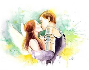 Watercolor painting - Romeo and Juliet Kissing - Movie poster inspired