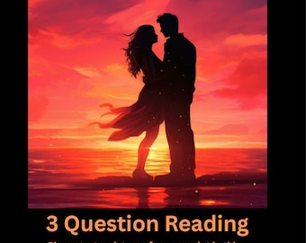 Może przedstawiać: Ilustracja przedstawia sylwetki pary na tle zachodu słońca nad wodą. U góry widnieje napis "Psychic Soulmate Reading". Poniżej znajduje się napis "3 Question Reading" z numerem telefonu i stroną internetową.