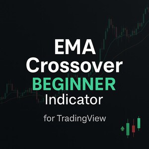 Może przedstawiać: Ciemny obraz z tekstem "EMA Crossover BEGINNER Indicator for TradingView" w kolorze białym i zielonym. Obraz zawiera wykres giełdowy i wykres świecowy.