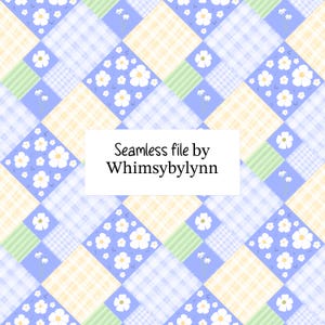 May include: A seamless pattern featuring a patchwork design with blue, yellow, and green squares. White flowers and daisies are scattered across the blue squares. The text "Seamless file by Whimsybylynn" is displayed in a white rectangle.