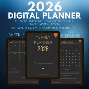 Può includere: Planner digitale per il 2026, ottimizzato per iPad Goodnotes e Notability. Include pianificazione giornaliera, settimanale e annuale, monitoraggio finanziario e un design minimalista. Il planner è completamente ipertestuale e include un piano settimanale e annuale.