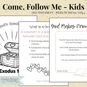 Op de afbeelding: Een set van drie zwart-wit afdrukbare pagina's voor kinderen met de tekst "Come, Follow Me - Kids". De pagina's bevatten illustraties van een schatkist, harten en tekst over verbonden en beloften.