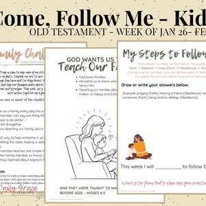 Op de afbeelding: Educatieve printbare pagina's voor kinderen met de tekst "Come, Follow Me - Kids" en "Old Testament - Week of Jan 26 - Feb 1". De pagina's bevatten gezinsuitdagingen, illustraties en prompts voor reflectie.