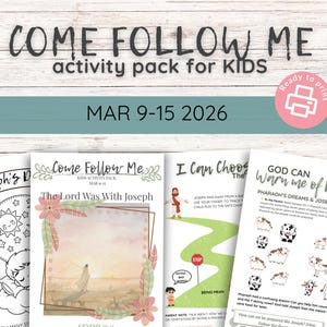 Può includere: Una raccolta di pagine di attività stampabili per bambini, con il testo "COME FOLLOW ME activity pack for KIDS" in alto. Le pagine sono progettate per le date dal 9 al 15 marzo 2026. Le pagine includono illustrazioni e testi relativi a temi religiosi.