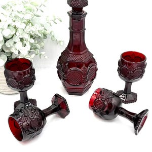 Vintage Avon 1876 Cape Cod Ruby Red Decanter with Cordial Wine Goblets | 5 pc Set