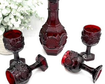 Vintage Avon 1876 Cape Cod Ruby Red Decanter with Cordial Wine Goblets | 5 pc Set