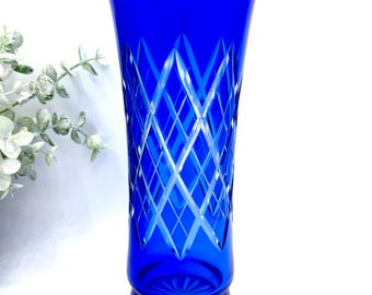 Vintage Art Glass Bohemian Czech Cobalt Blue Cut to Clear Flared Vase | 10.5"