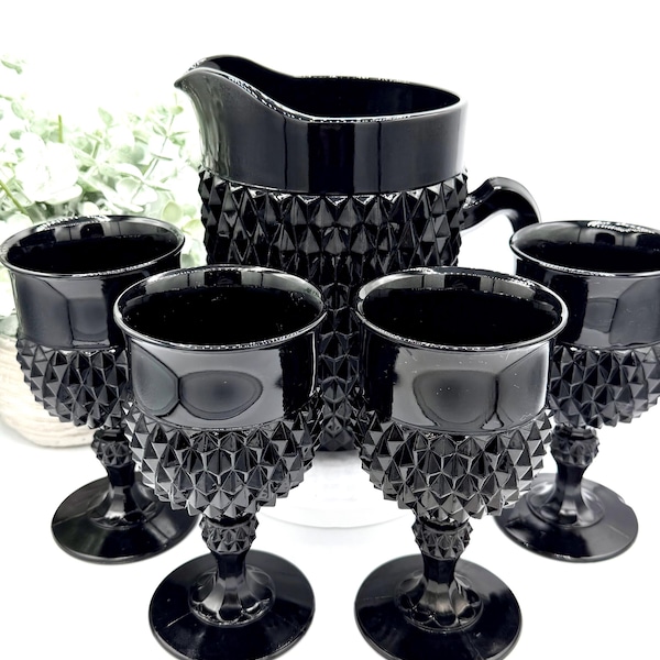 Juego de jarra y copa de vidrio Indiana vintage / Punta de diamante negro, 5 piezas