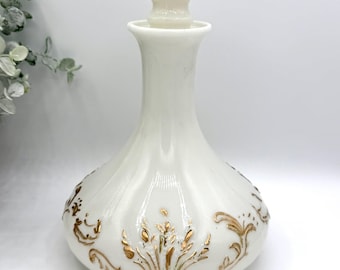 Antique Victorian Milk Glass Barber Bottle Decanter with Original Stopper | Hand-Painted Gold Gilt Raised Scroll Dresser Vanity Bottle