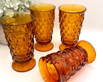 Vintage Whitehall Cubist Amber Footed Glasses—Set of 4