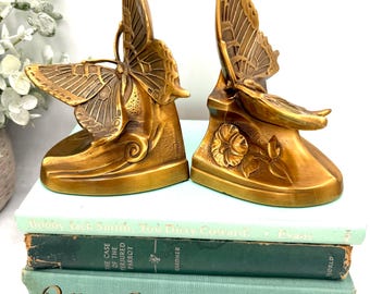 Vintage Pair Heavy Brass Butterfly Bookends by PM Craftsman | Rare Original Tag Included