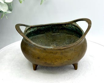 Vintage Brass Tripod Censer with Bridge Handles, Primitive Chinese Style Incense Burner, Wabi Sabi Metal Bowl, Antique Bronze Patina Decor