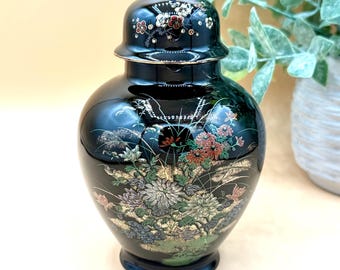 Vintage Japanese Ginger Jar - Black with Floral Print