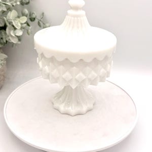 Vintage L.E. Smith Milk Glass Carousel Candy Dish, MCM Diamond Point Compote