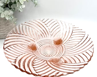 Vintage Anchor Hocking Pink Depression Glass Prismatic Swirl 3-foot Bowl