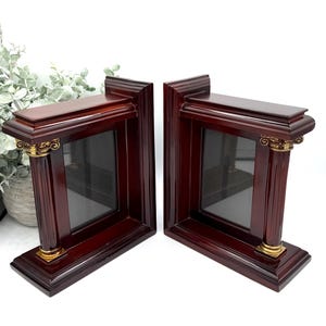 Vintage Bombay Company Mahogany Picture Frame Bookends, Neoclassical Corinthian Column Book Ends Set of 2, Regal Library Decor, Dark Cherry