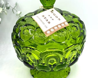 Vintage L.E. Smith Green Moon and Stars Lidded Candy Dish | Rare Original Tag | MCM Art Glass