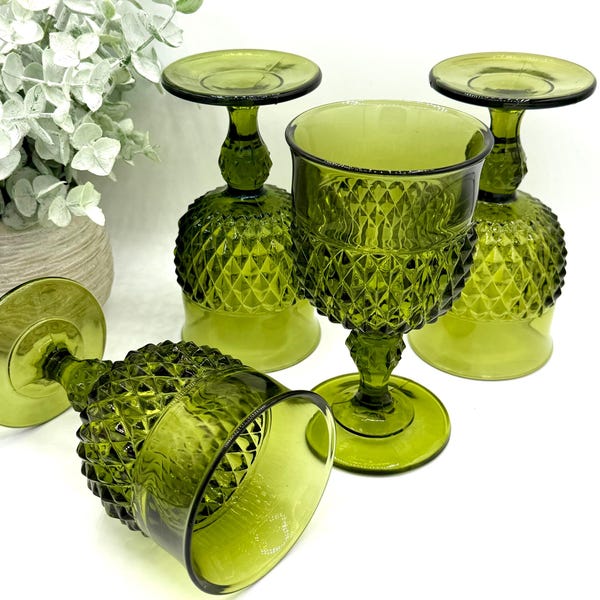Copas de agua vintage de Indiana Glass Green Diamond Point de 16,5 cm / Juego de 4 piezas