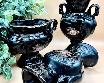 Vintage Embossed Handled Black Floral Vases Gold Trim - 3 Piece Collection