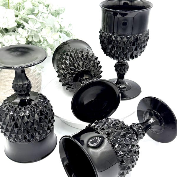 Tiara de cristal vintage de Indiana con camafeo y punta de diamante negro, copas de agua de 6,5 pulgadas (juego de 4 piezas)