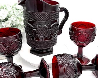 Vintage Avon 1876 Cape Cod Ruby Red Water Goblets and Pitcher | 5 pc Set