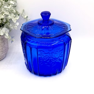 Vintage Anchor Hocking Cobalt Blue Mayfair Cookie Jar, Open Rose Glass
