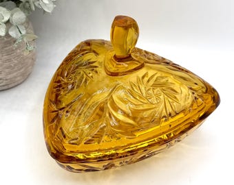 Vintage Hazel Atlas Amber Glass Triangle Covered Candy Dish, Mid Century Modern Pinwheel Starburst Lidded Trinket Box
