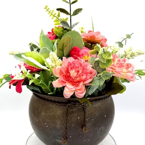 Vintage Brass Footed Pot With Braided Rope Floral Arrangement | Pink | 13 inch