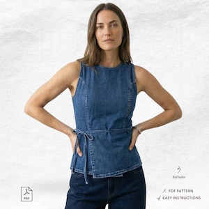 Sleeveless Denim Top Sewing Pattern • Side-Tie Tank with Princess Seams • PDF Download