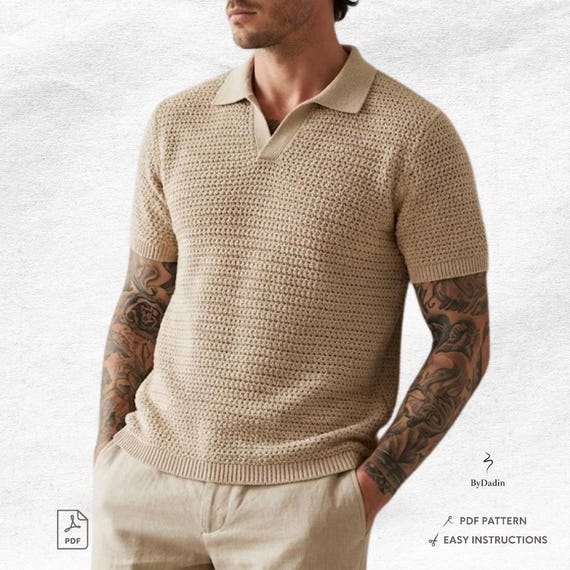 Men’s Crochet Polo Shirt Pattern • Textured Knit-Look Top • PDF Download