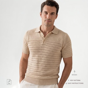 May include: A beige short-sleeved polo shirt featuring a textured knit pattern with horizontal rows of small eyelet details, a classic collar, and a two-button placket. The image includes the text ByDadin and PDF PATTERN OF EASY INSTRUCTIONS.